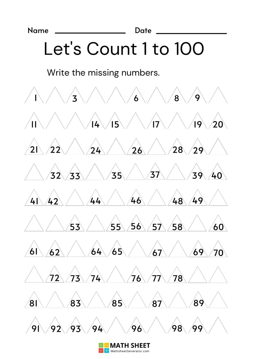 worksheet for counting and writing missing numbers between 1 to 100, page 1