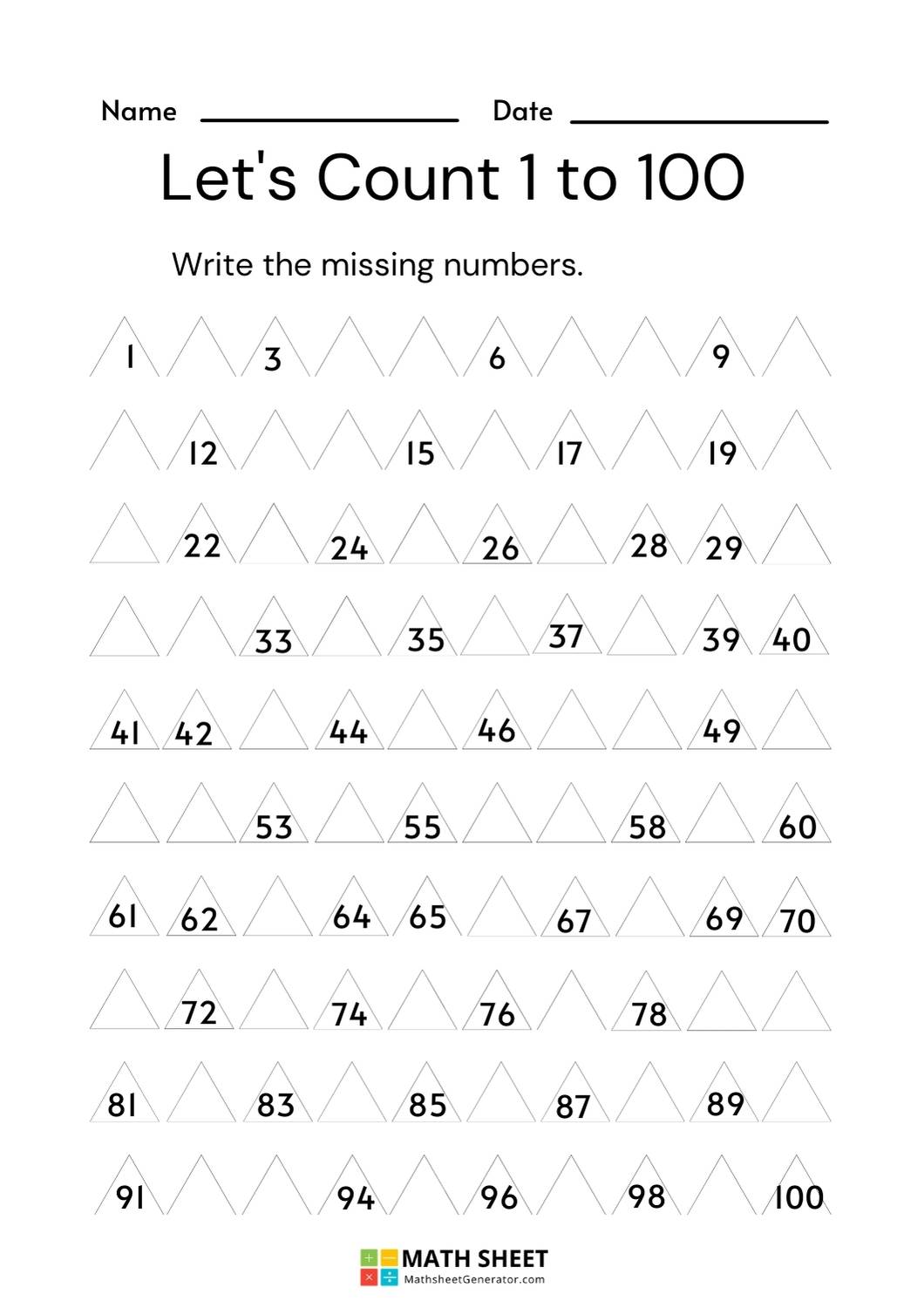 worksheet for counting and writing missing numbers between 1 to 100, page 2