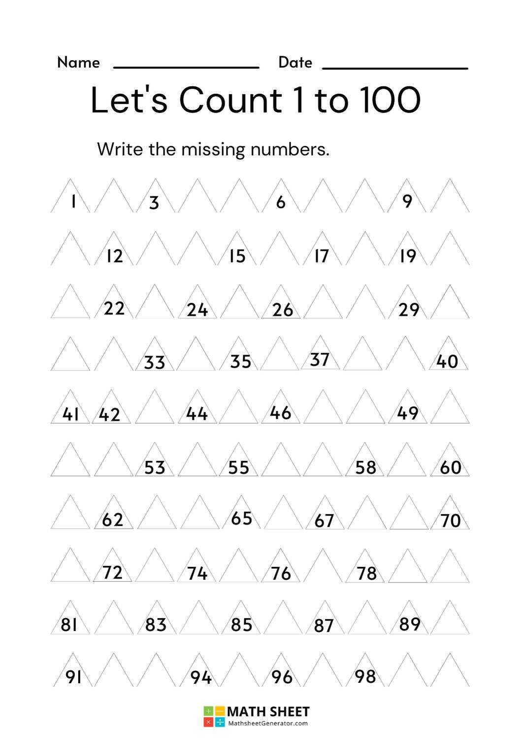 Counting and writing 1 to 100 Worksheets
