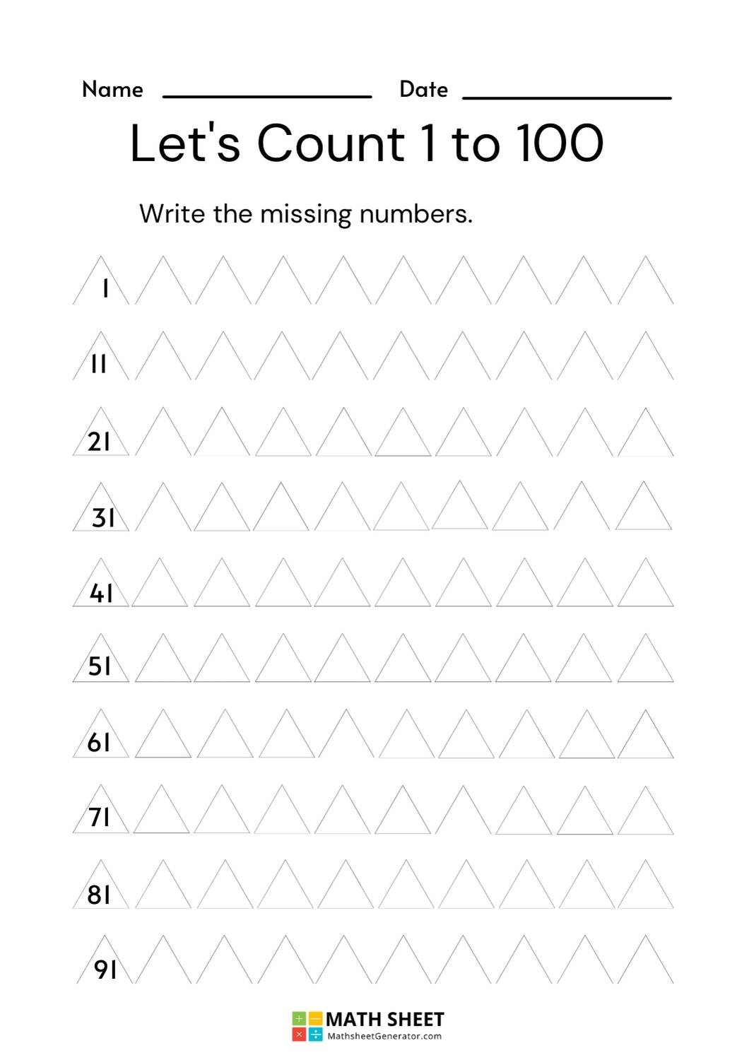 worksheet for counting and writing missing numbers between 1 to 100, page 4