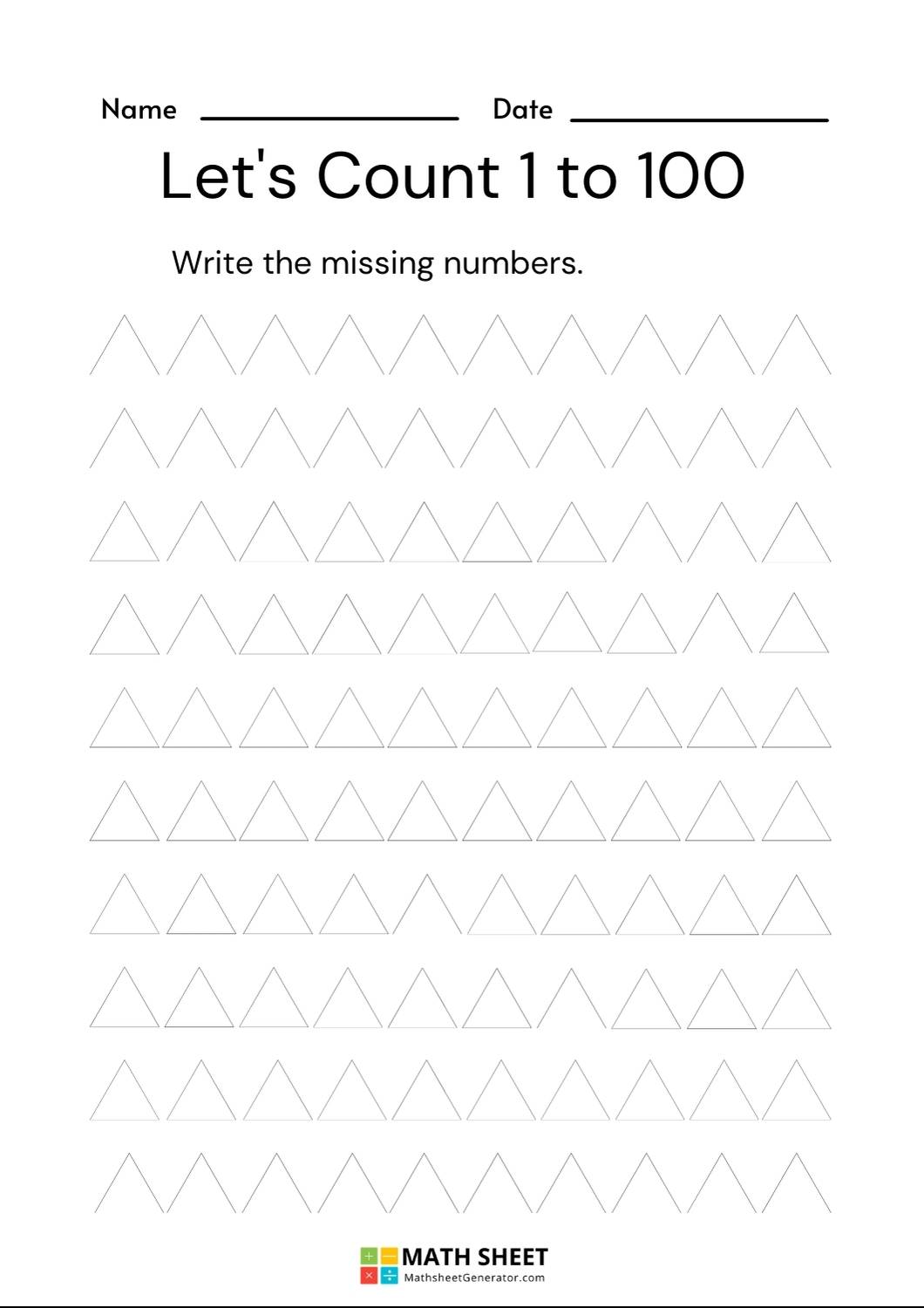 worksheet for counting and writing all 100 missing numbers between 1 to 100, page 5