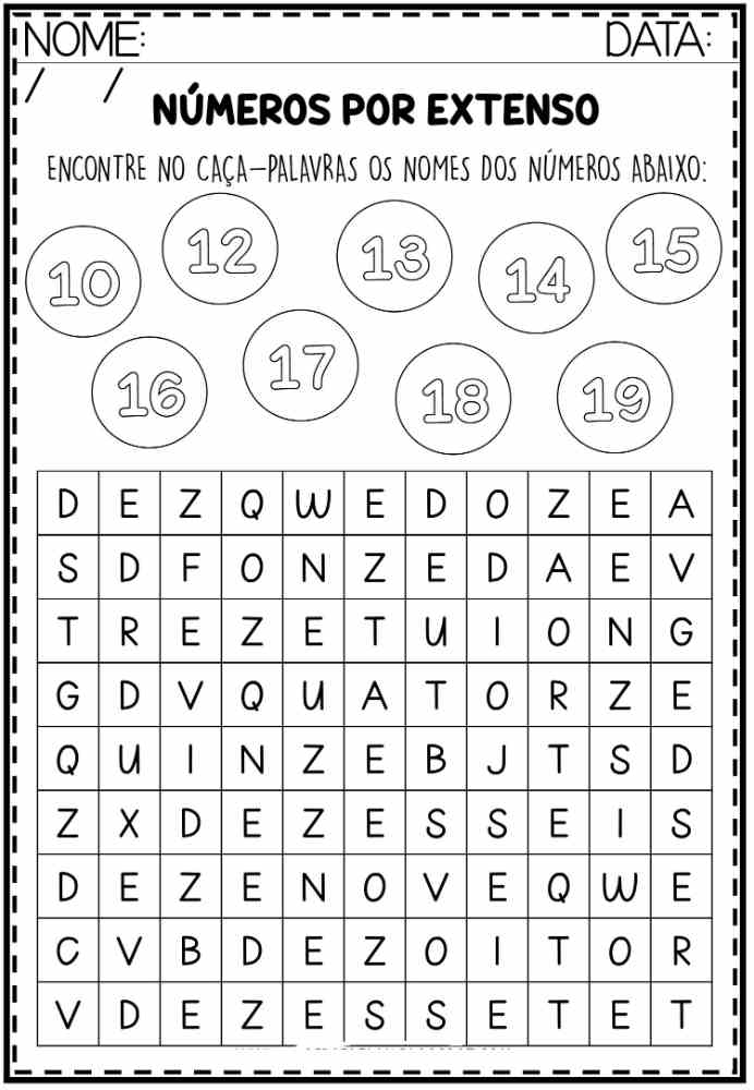 números por extenso encontre no caça-palavra