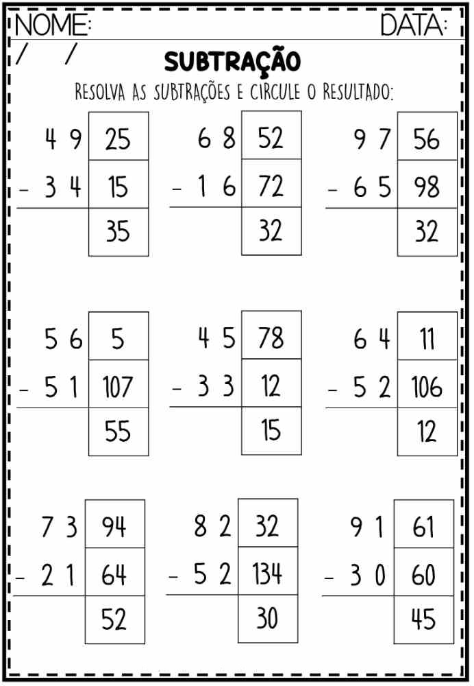 folha de subtração, circule resultado correto